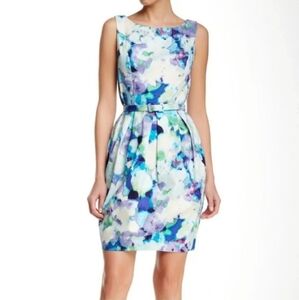 Eliza‎ J Watercolor Belted Fit & Flare Cotton Dress Sz 10 Pockets Sleeveless